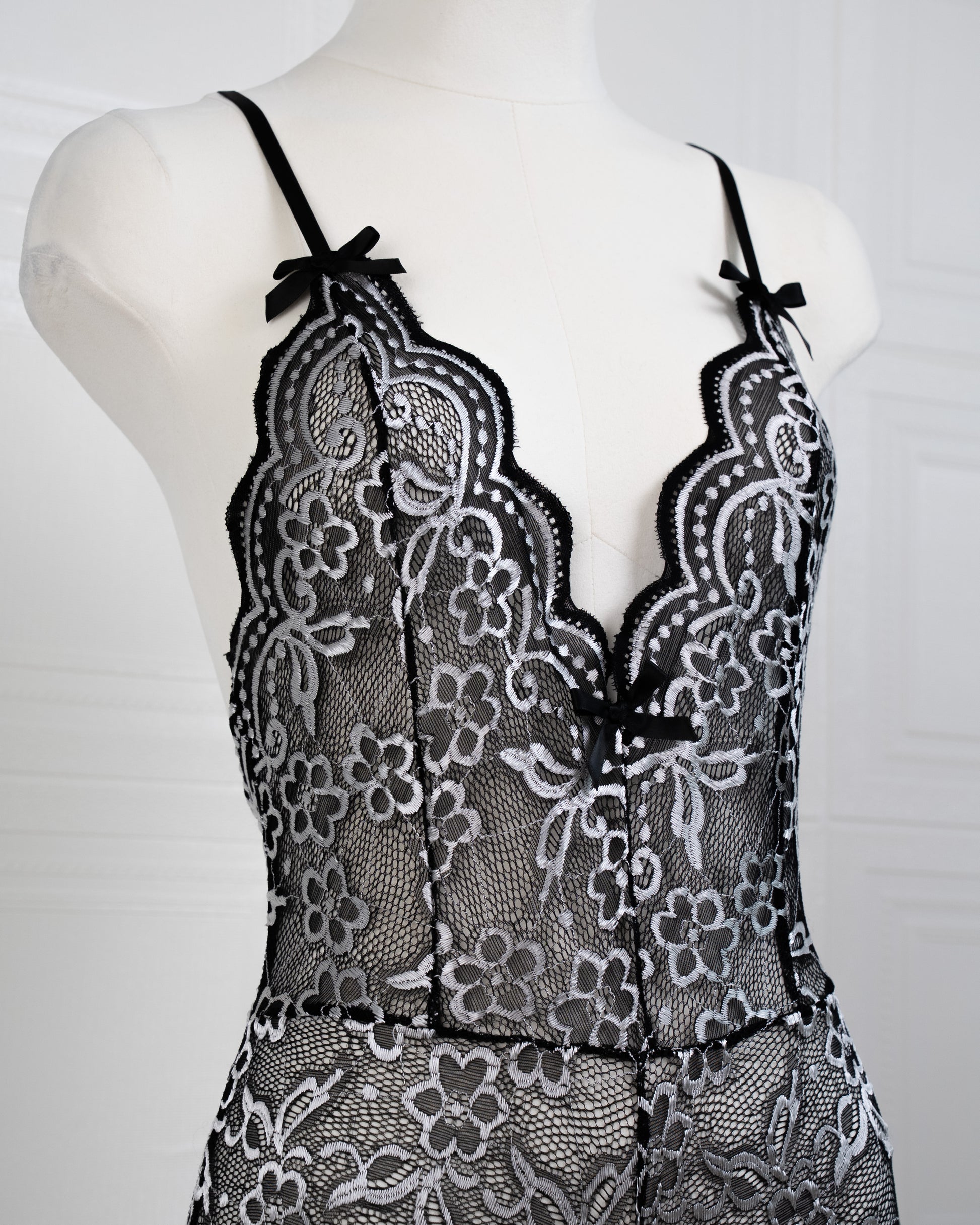 Embroidered Lace Bodysuit Black and White - Fever Lingeries
