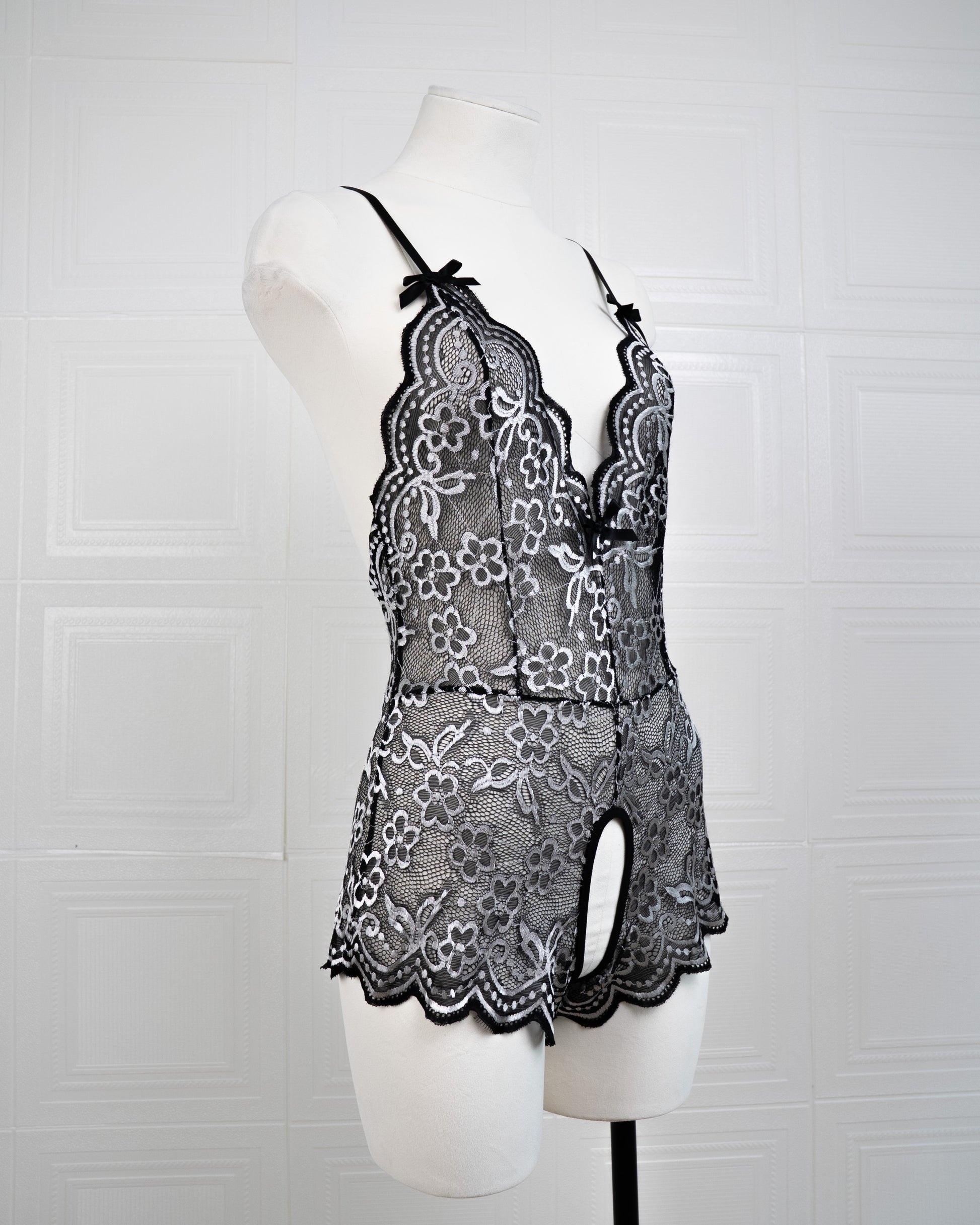 Embroidered Lace Bodysuit Black and White - Fever Lingeries