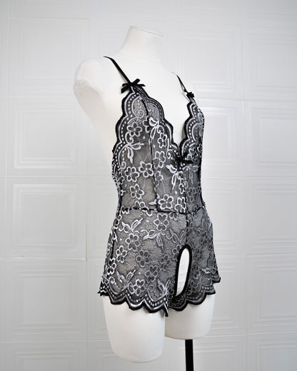 Embroidered Lace Bodysuit Black and White - Fever Lingeries