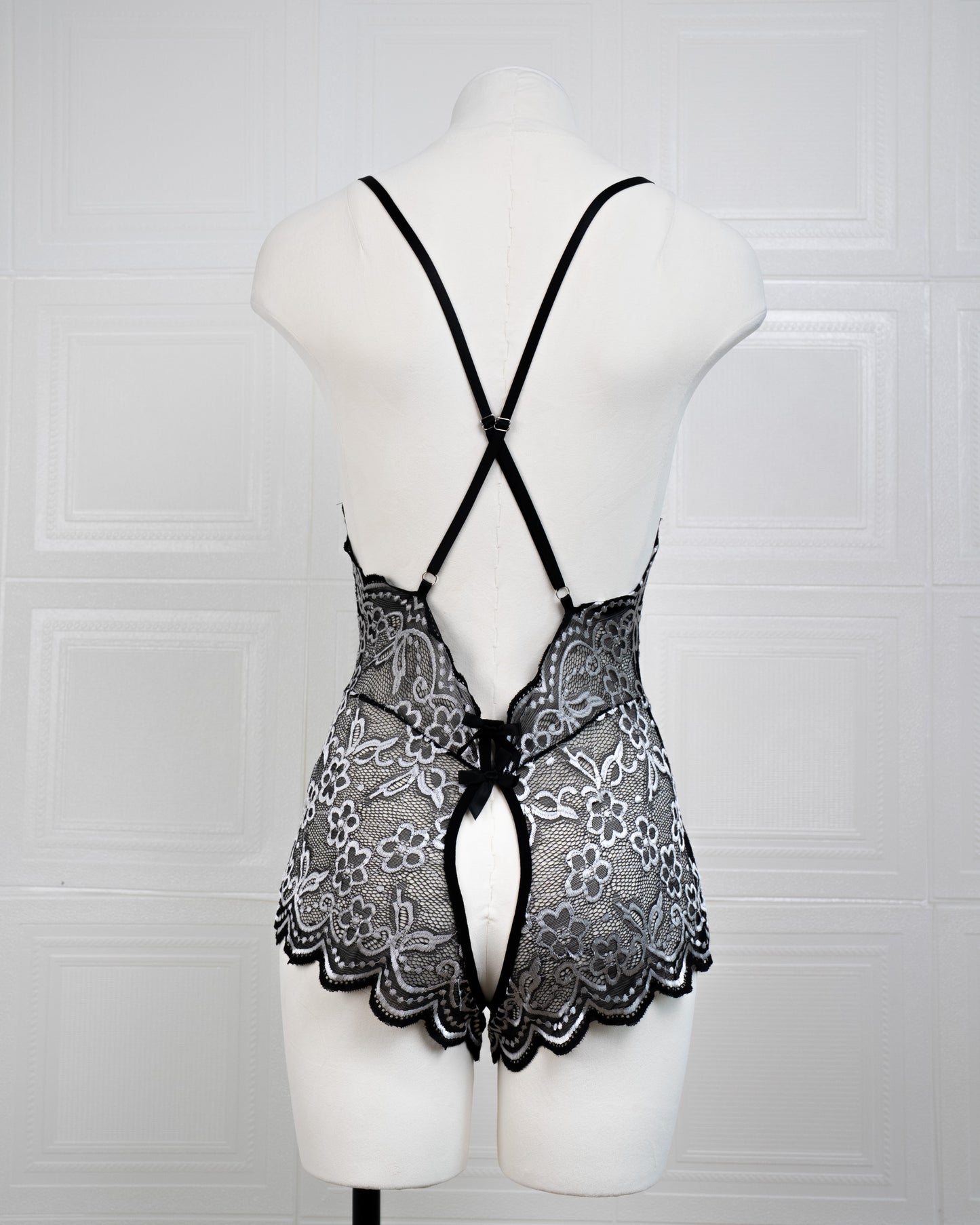 Embroidered Lace Bodysuit Black and White - Fever Lingeries