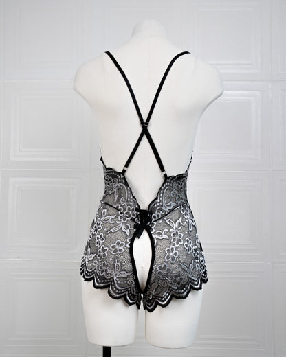 Embroidered Lace Bodysuit Black and White - Fever Lingeries