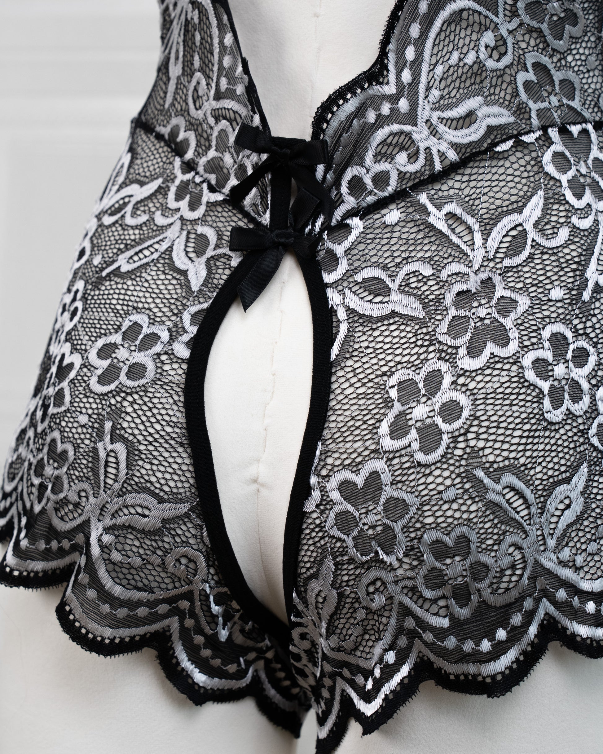 Embroidered Lace Bodysuit Black and White - Fever Lingeries