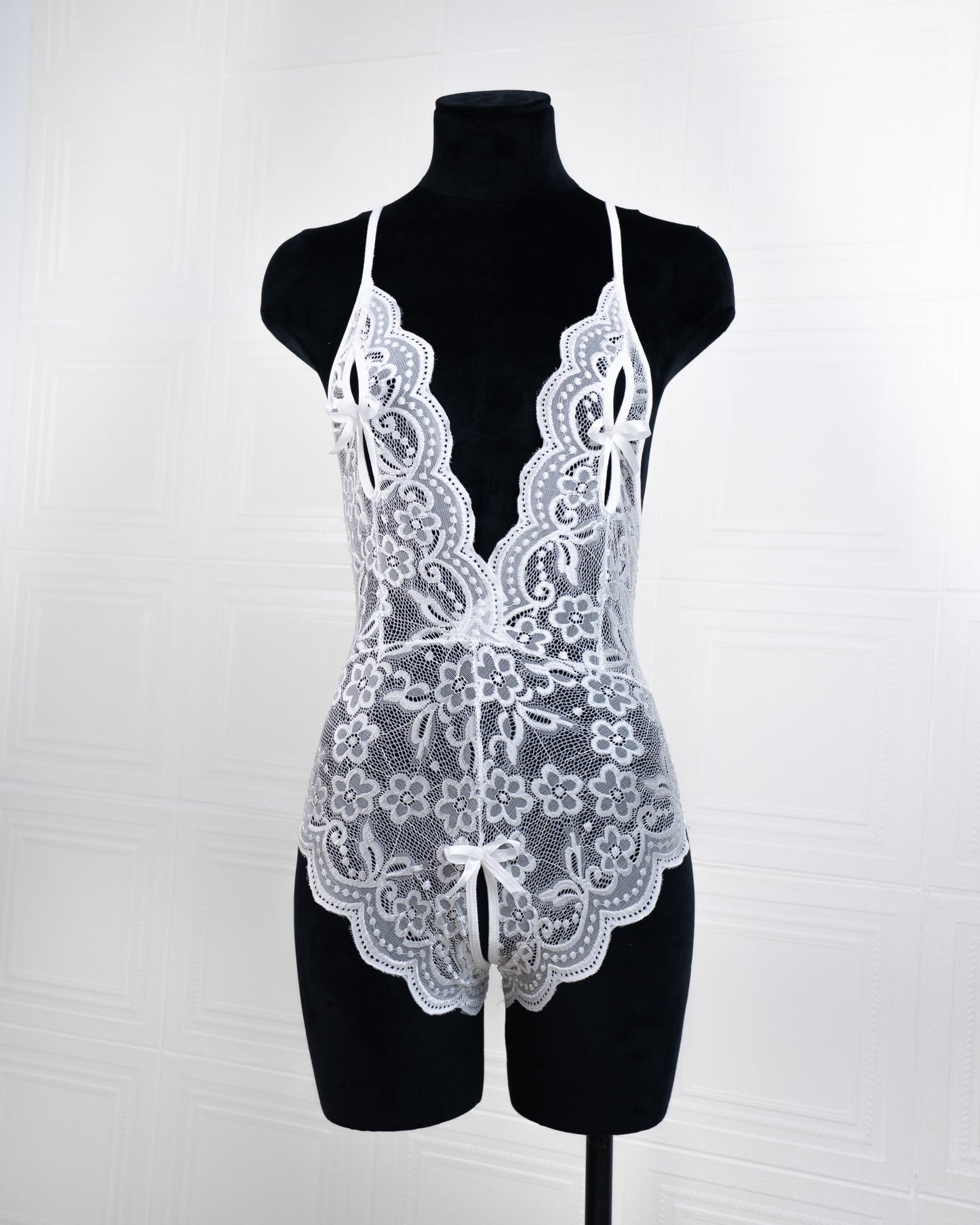 Deep V Back Hollow Open Crotch Lace Bodysuit White - Fever Lingeries