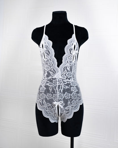 Deep V Back Hollow Open Crotch Lace Bodysuit White - Fever Lingeries