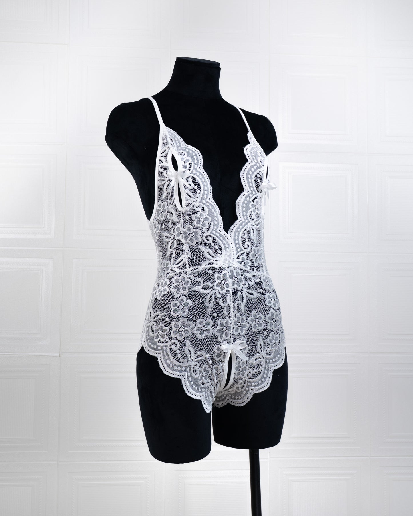 Deep V Back Hollow Open Crotch Lace Bodysuit White - Fever Lingeries