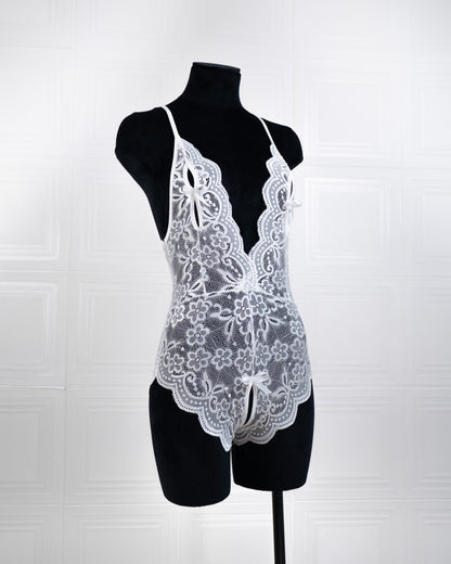Deep V Back Hollow Open Crotch Lace Bodysuit White - Fever Lingeries
