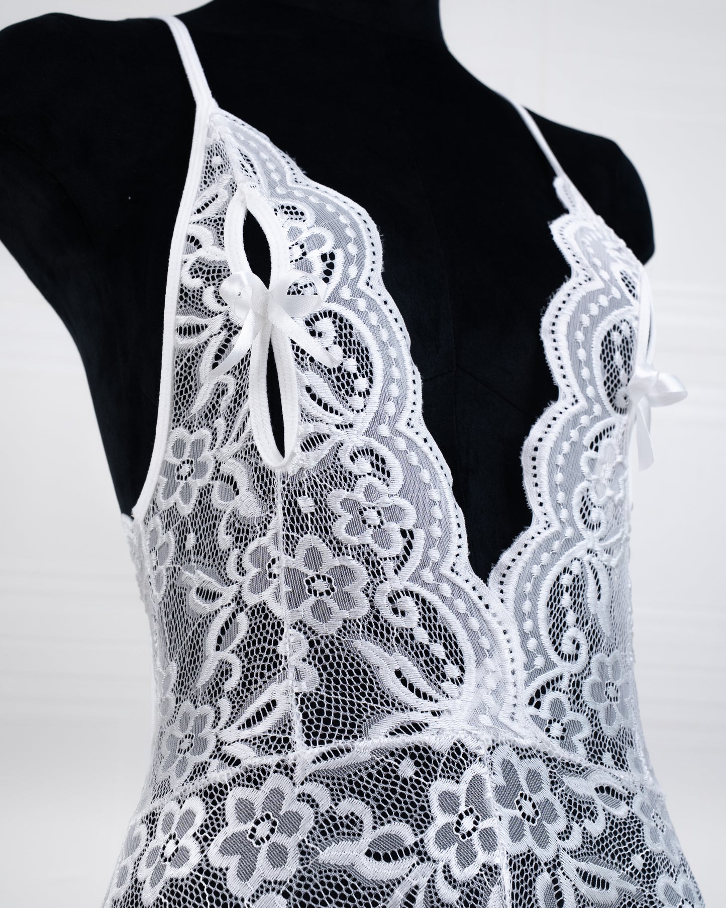 Deep V Back Hollow Open Crotch Lace Bodysuit White - Fever Lingeries