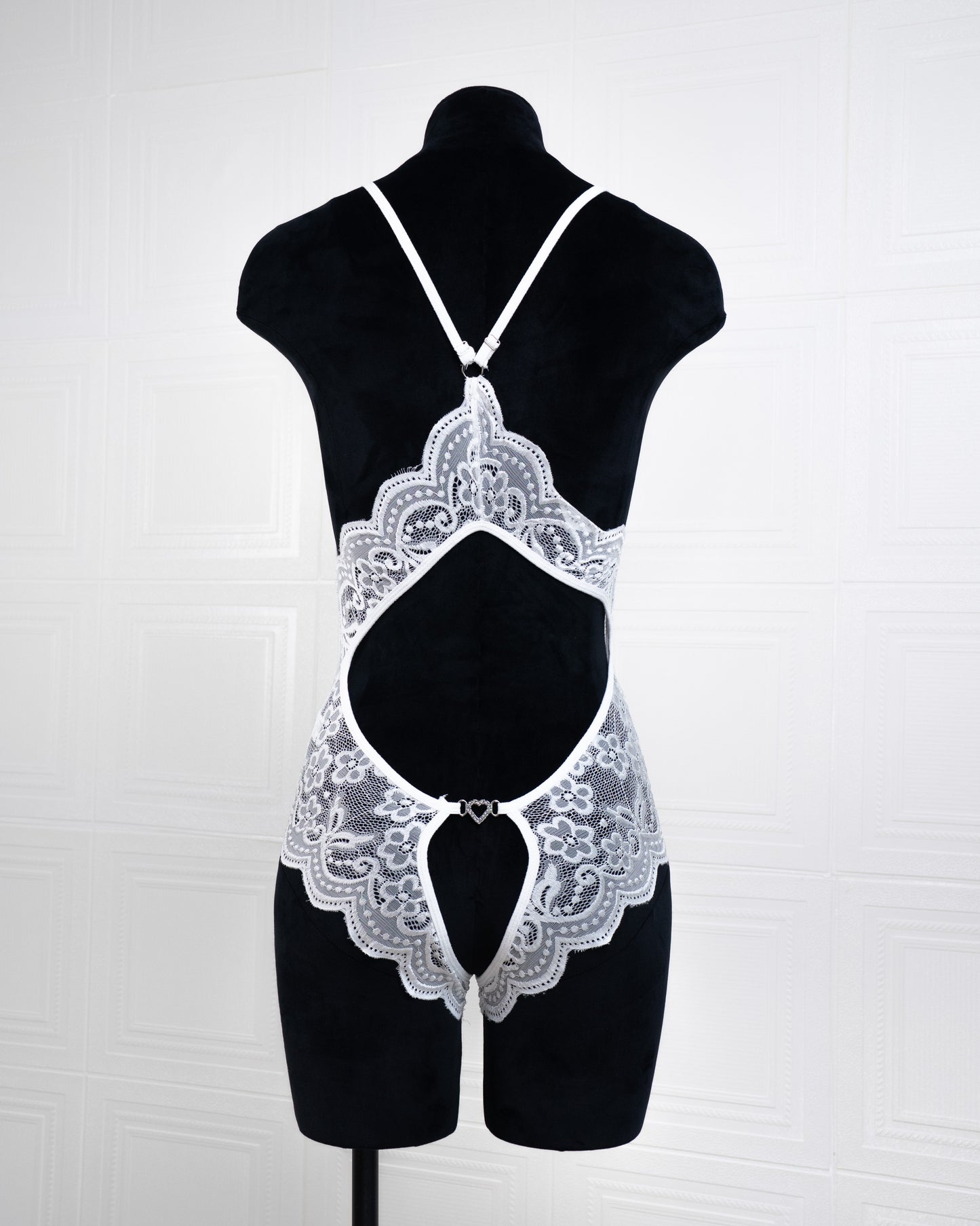 Deep V Back Hollow Open Crotch Lace Bodysuit White - Fever Lingeries