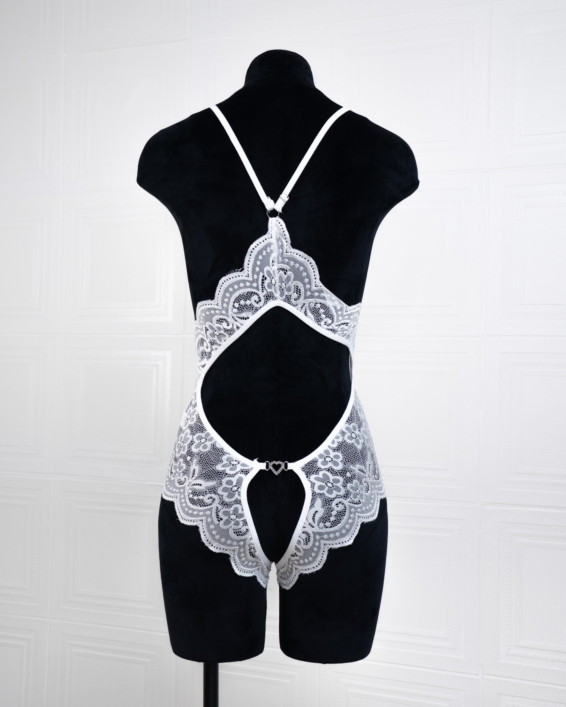 Deep V Back Hollow Open Crotch Lace Bodysuit White - Fever Lingeries