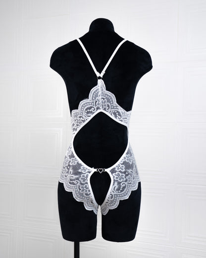 Deep V Back Hollow Open Crotch Lace Bodysuit White - Fever Lingeries