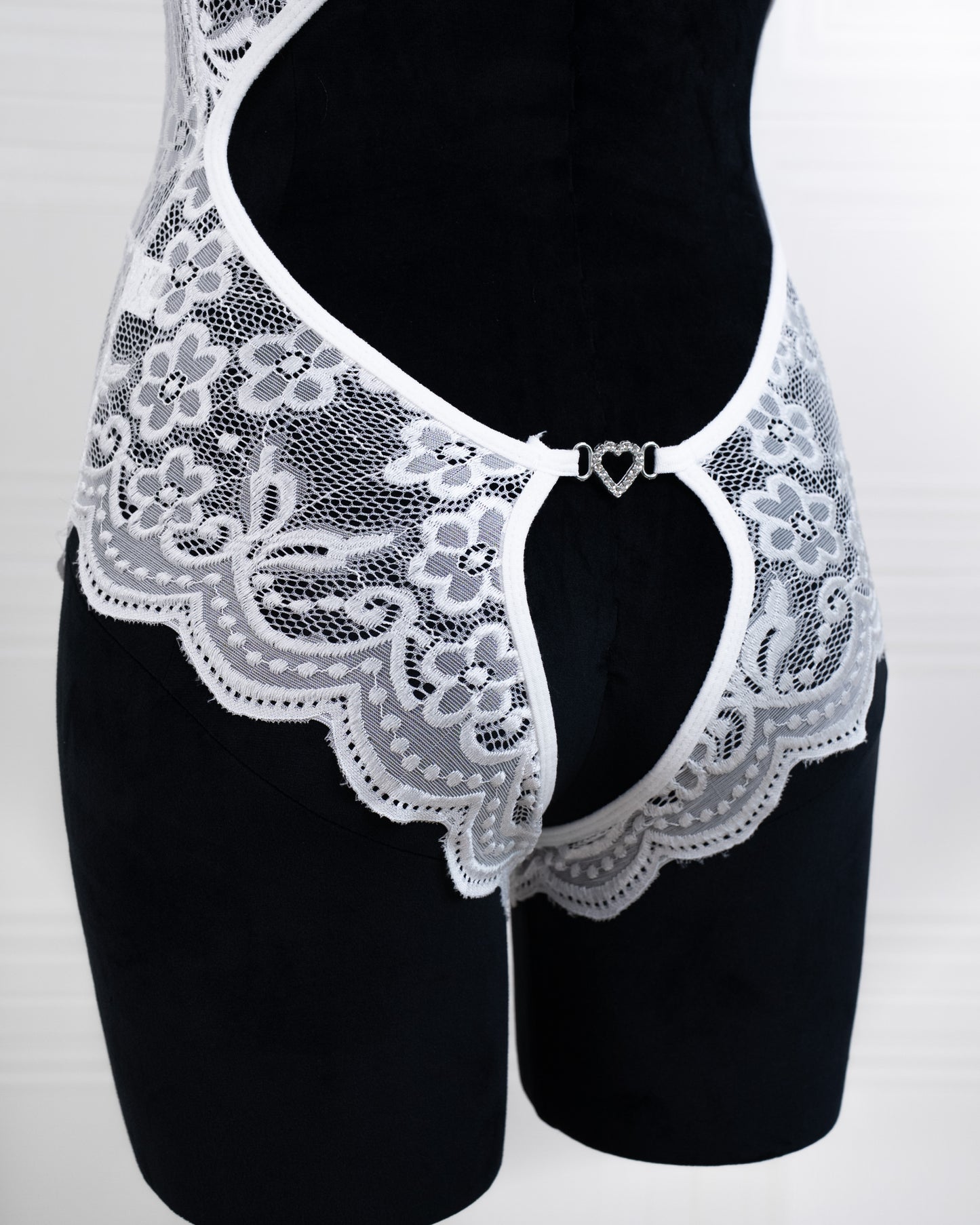 Deep V Back Hollow Open Crotch Lace Bodysuit White - Fever Lingeries