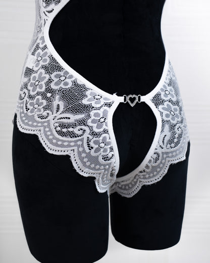 Deep V Back Hollow Open Crotch Lace Bodysuit White - Fever Lingeries