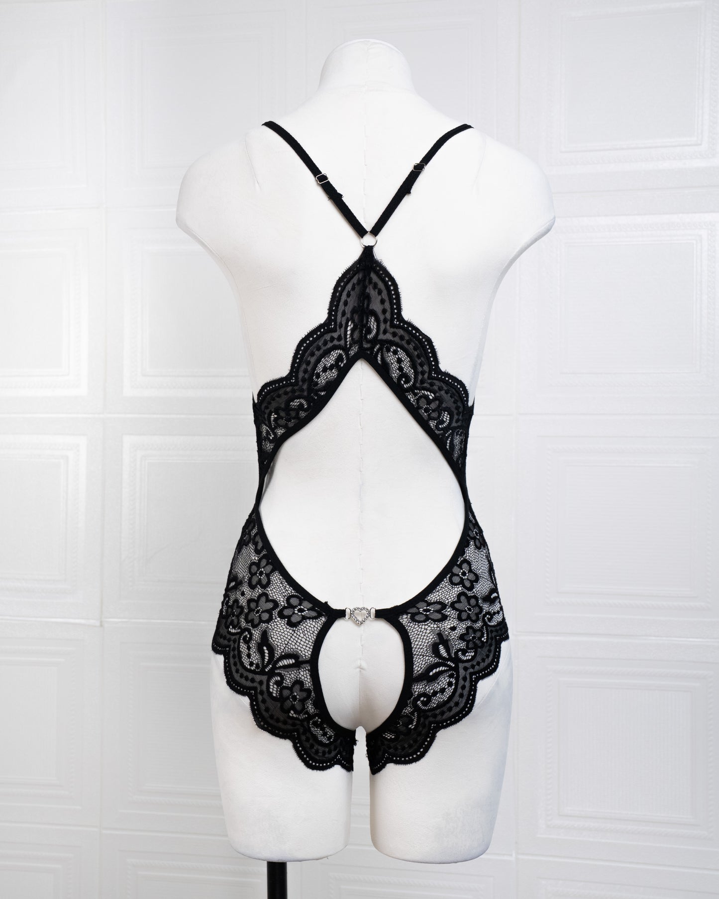 Deep V Back Hollow Open Crotch Lace Bodysuit Black - Fever Lingeries