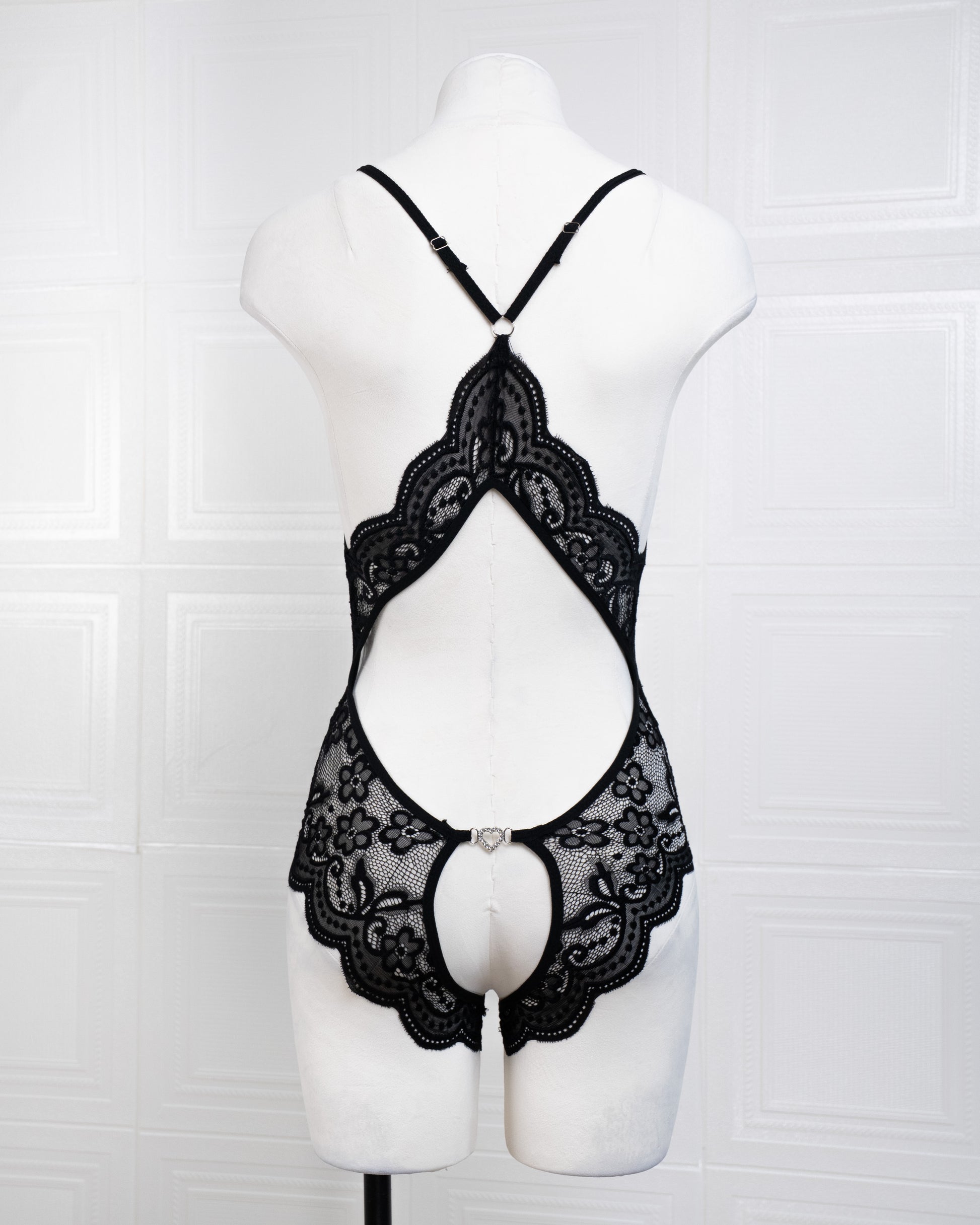 Deep V Back Hollow Open Crotch Lace Bodysuit Black - Fever Lingeries