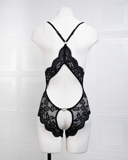 Deep V Back Hollow Open Crotch Lace Bodysuit Black - Fever Lingeries