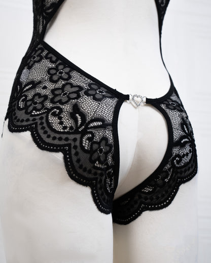 Deep V Back Hollow Open Crotch Lace Bodysuit Black - Fever Lingeries