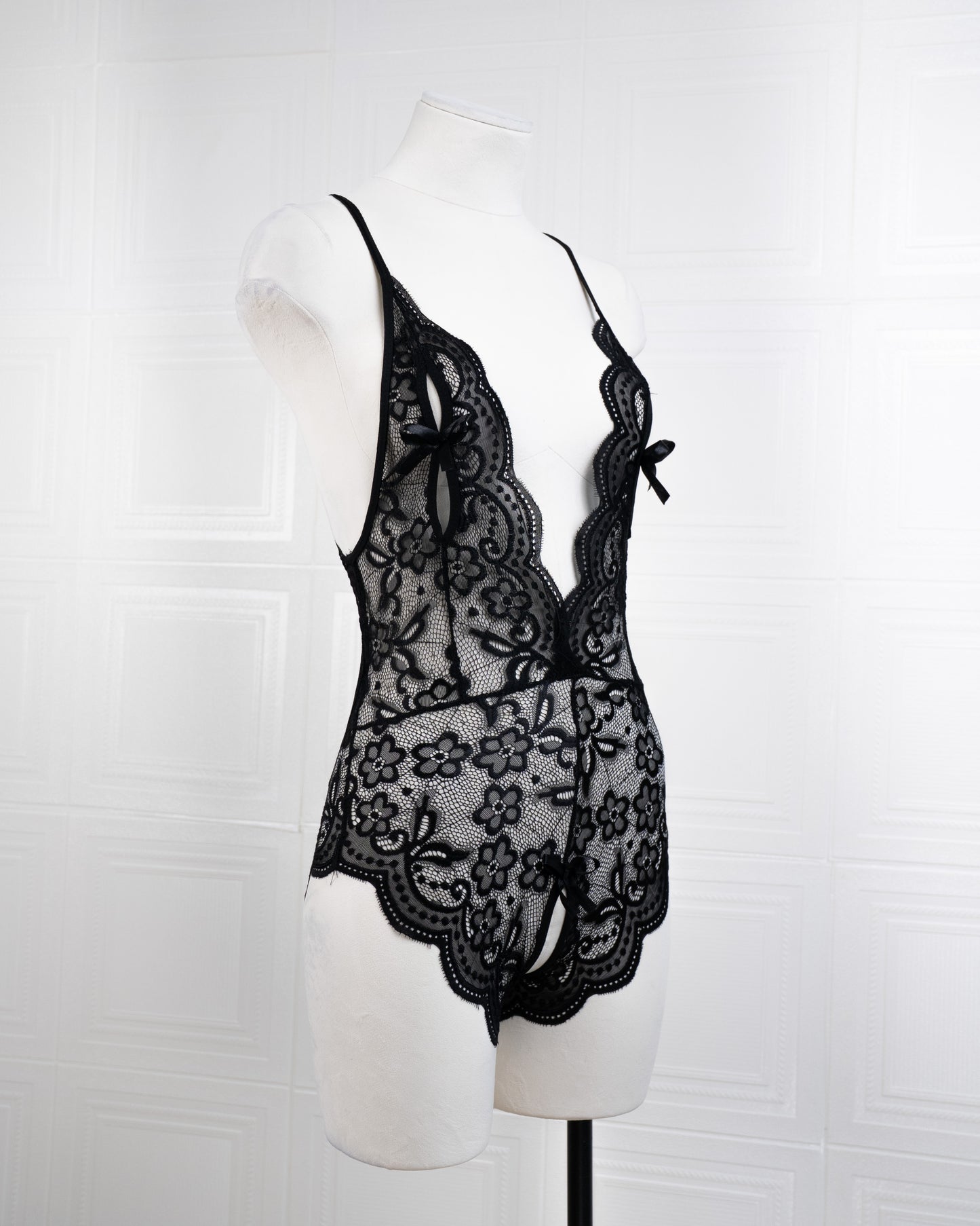 Deep V Back Hollow Open Crotch Lace Bodysuit Black - Fever Lingeries