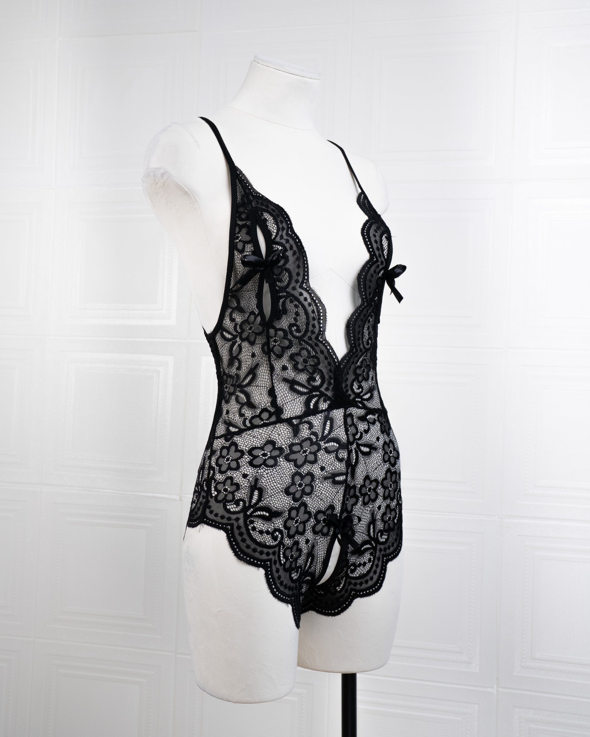 Deep V Back Hollow Open Crotch Lace Bodysuit Black - Fever Lingeries