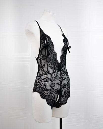 Deep V Back Hollow Open Crotch Lace Bodysuit Black - Fever Lingeries