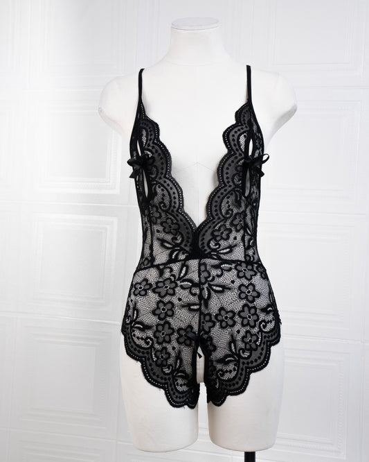 Deep V Back Hollow Open Crotch Lace Bodysuit Black - Fever Lingeries