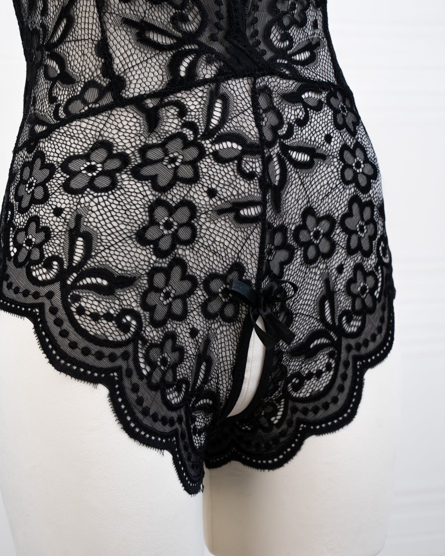 Deep V Back Hollow Open Crotch Lace Bodysuit Black - Fever Lingeries