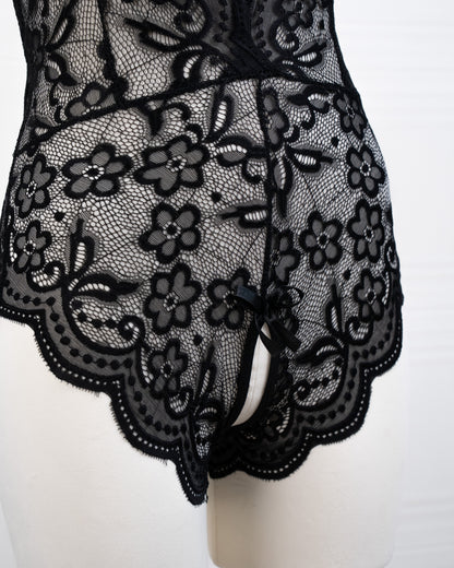 Deep V Back Hollow Open Crotch Lace Bodysuit Black - Fever Lingeries