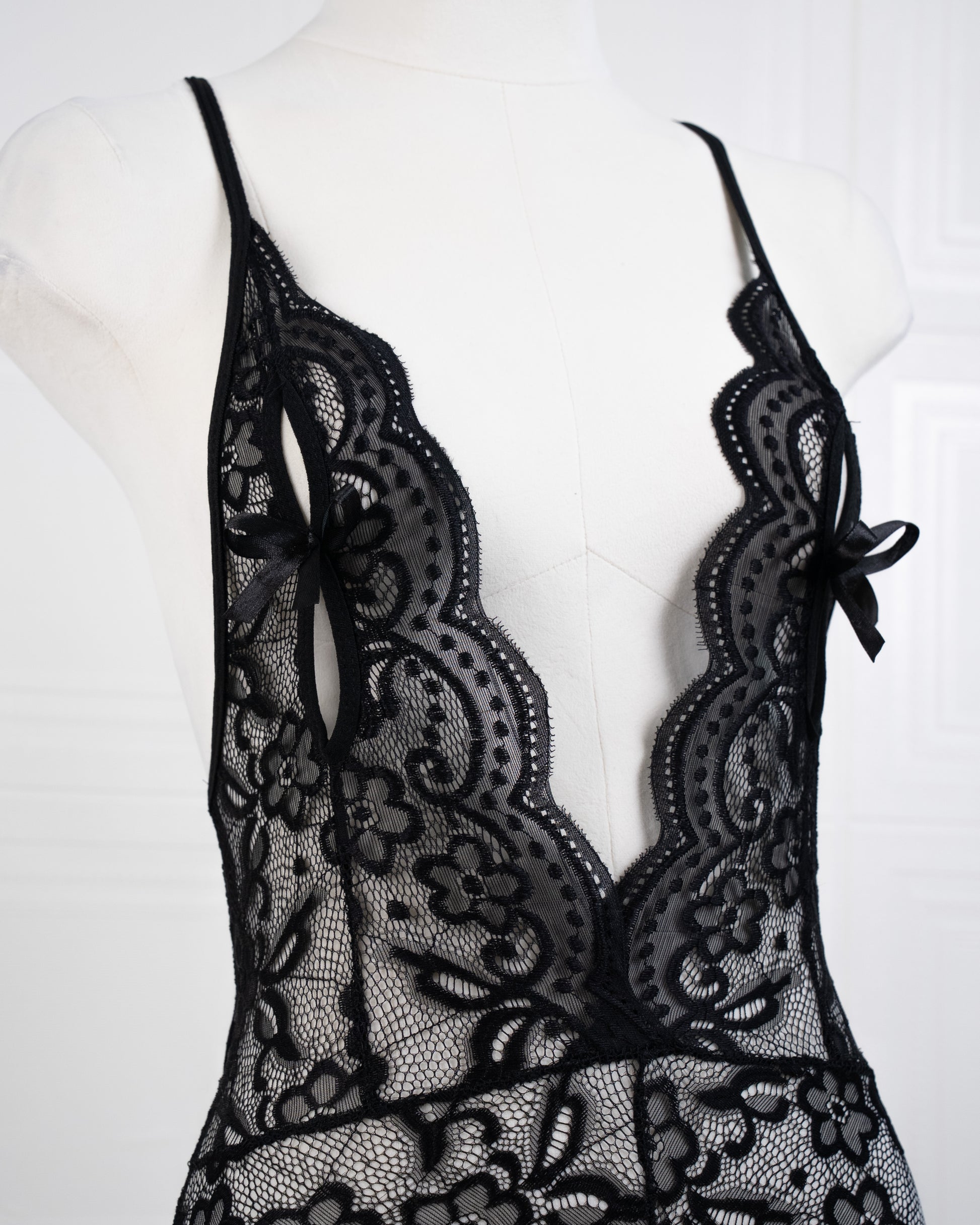 Deep V Back Hollow Open Crotch Lace Bodysuit Black - Fever Lingeries