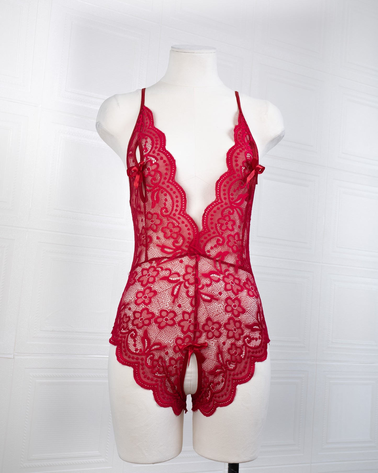 Deep V Back Hollow Open Crotch Lace Bodysuit Red - Fever Lingeries