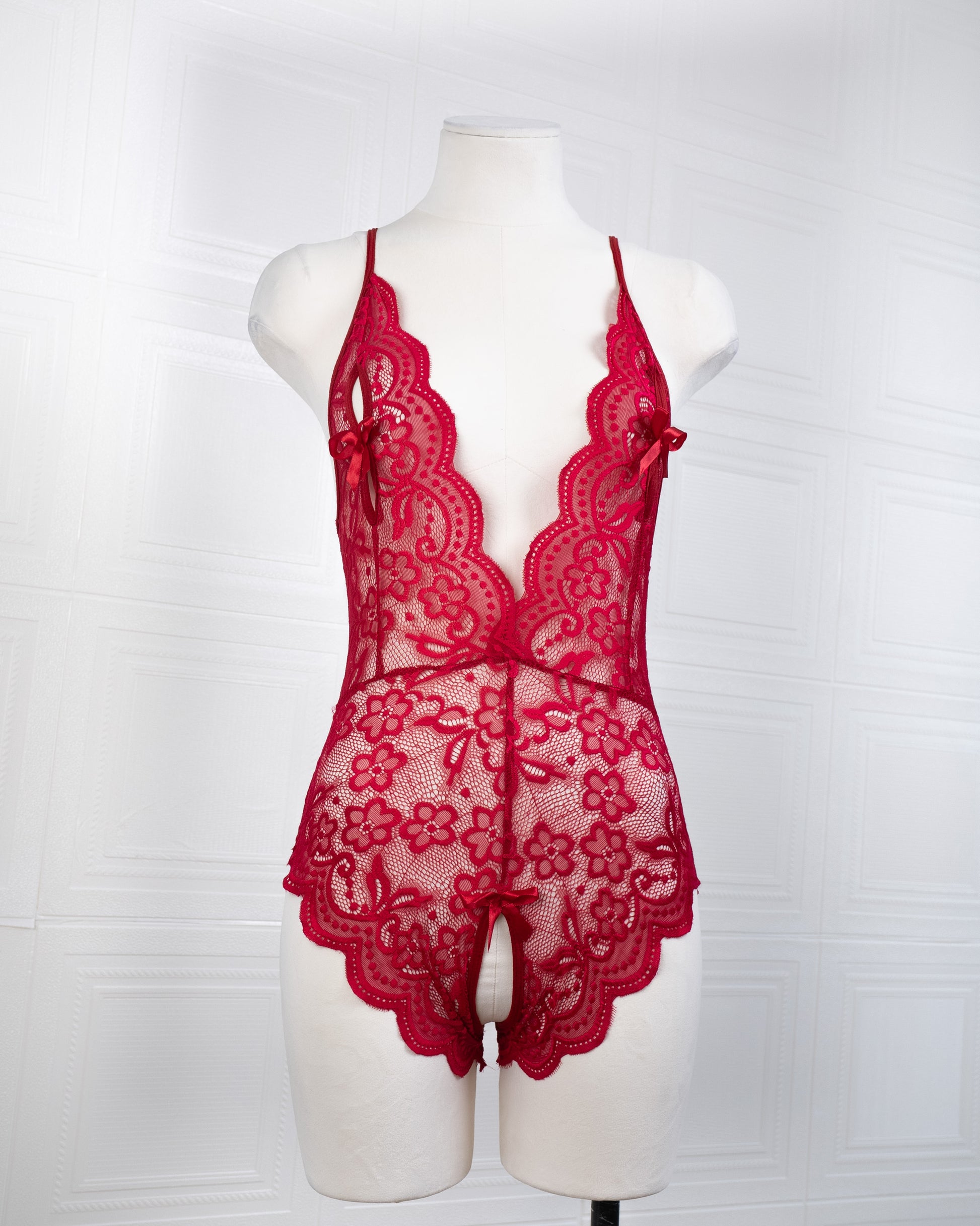 Deep V Back Hollow Open Crotch Lace Bodysuit Red - Fever Lingeries