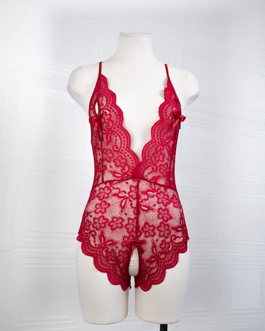 Deep V Back Hollow Open Crotch Lace Bodysuit Red - Fever Lingeries