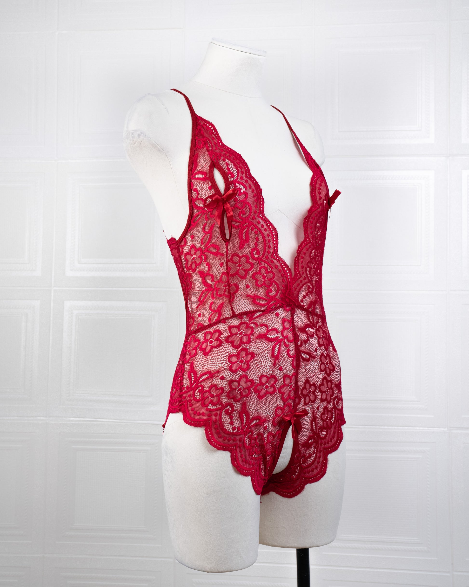 Deep V Back Hollow Open Crotch Lace Bodysuit Red - Fever Lingeries
