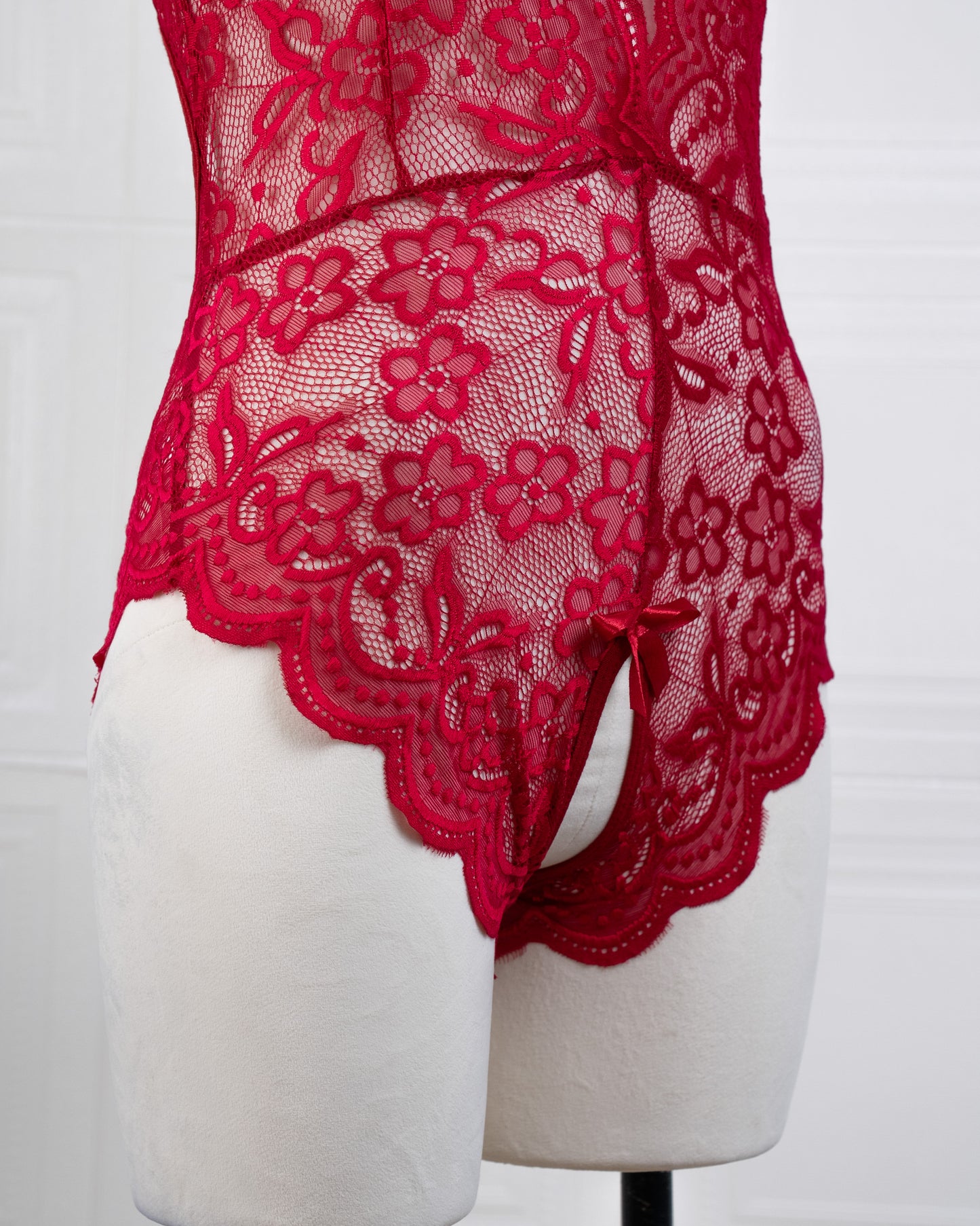 Deep V Back Hollow Open Crotch Lace Bodysuit Red - Fever Lingeries