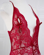 Deep V Back Hollow Open Crotch Lace Bodysuit Red - Fever Lingeries