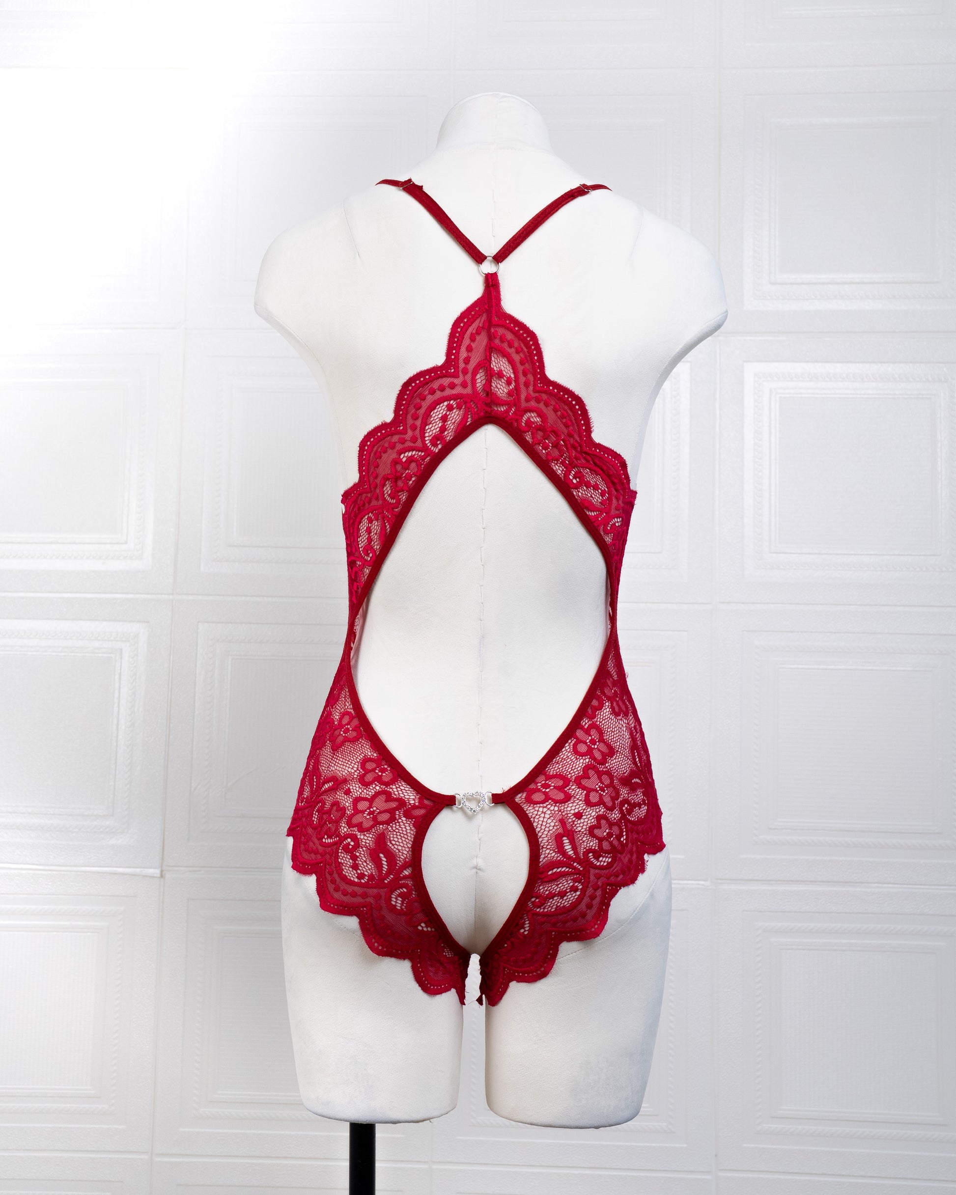 Deep V Back Hollow Open Crotch Lace Bodysuit Red - Fever Lingeries