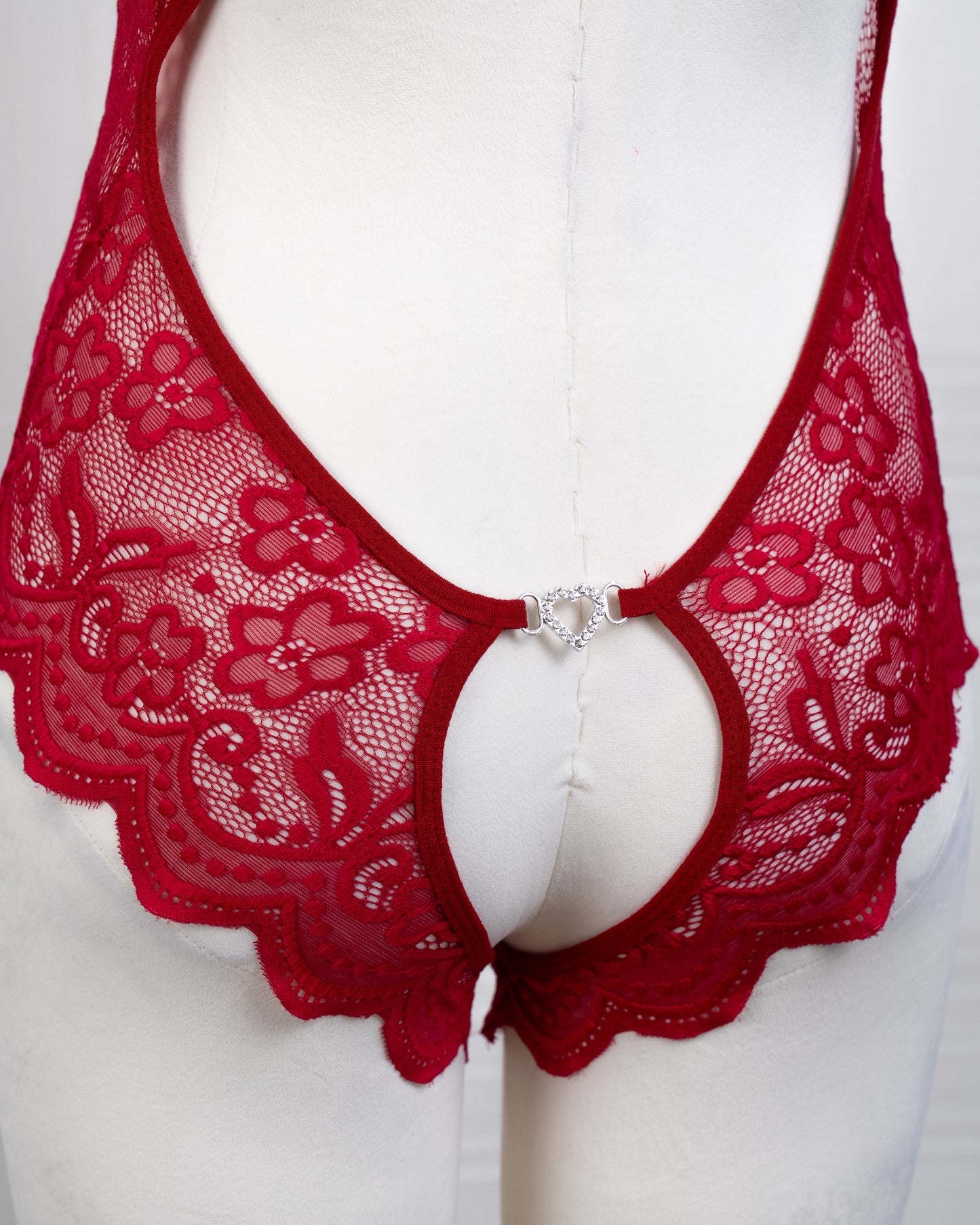 Deep V Back Hollow Open Crotch Lace Bodysuit Red - Fever Lingeries