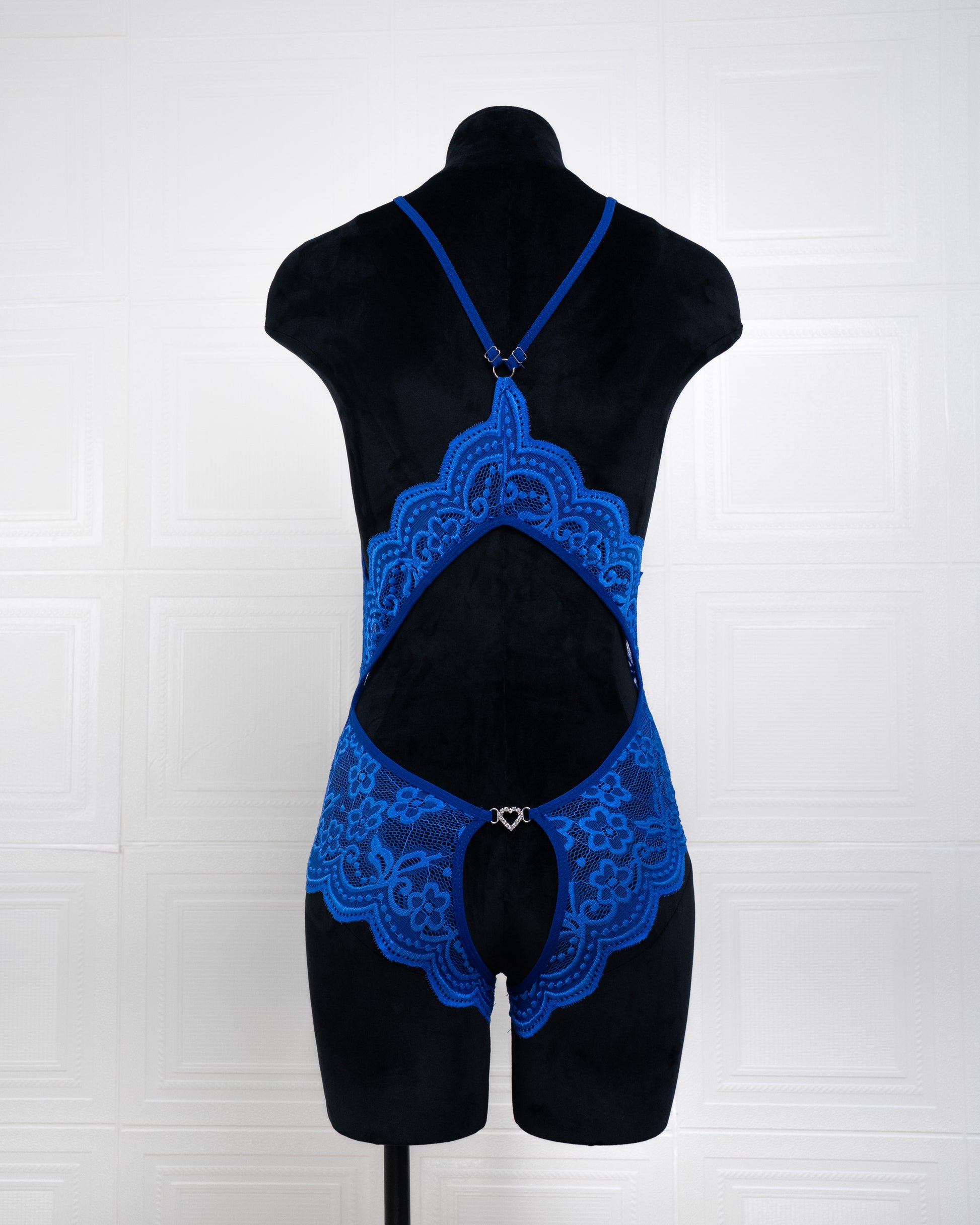 Deep V Back Hollow Open Crotch Lace Bodysuit Blue - Fever Lingeries