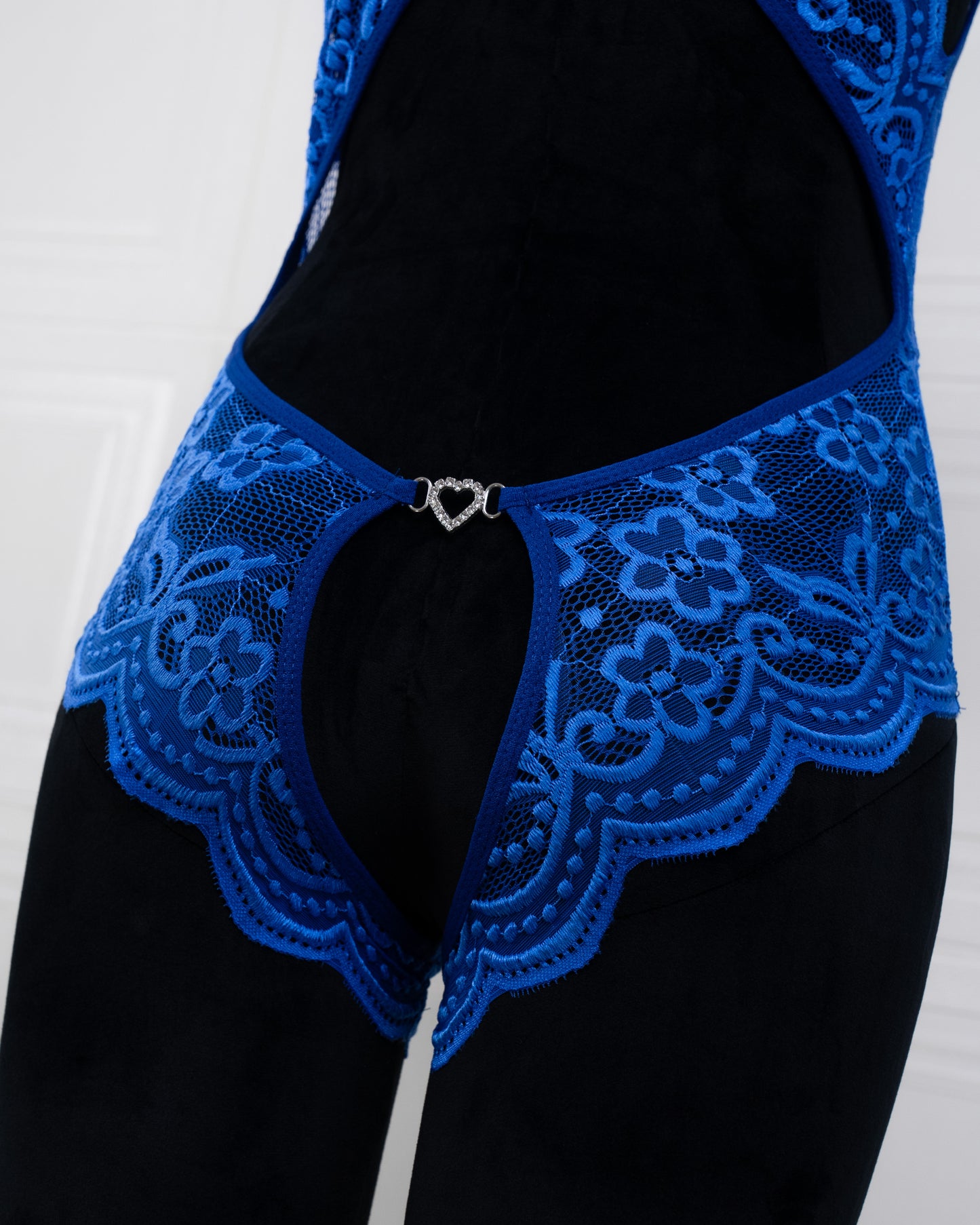 Deep V Back Hollow Open Crotch Lace Bodysuit Blue - Fever Lingeries
