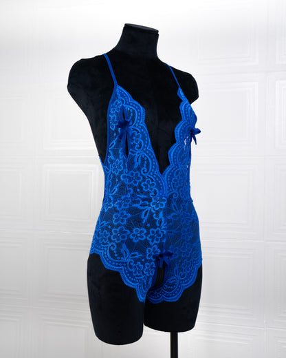 Deep V Back Hollow Open Crotch Lace Bodysuit Blue - Fever Lingeries