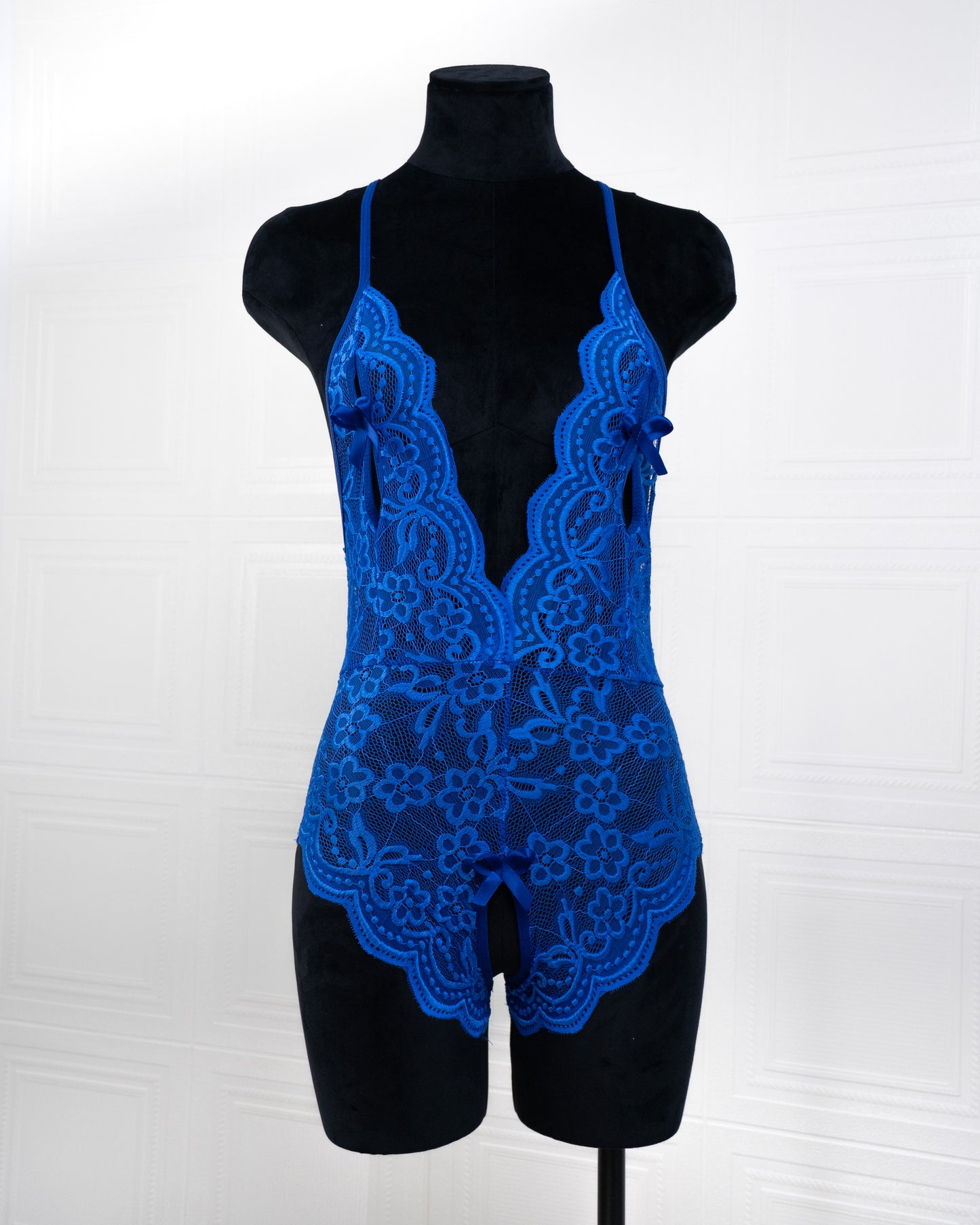 Deep V Back Hollow Open Crotch Lace Bodysuit Blue - Fever Lingeries
