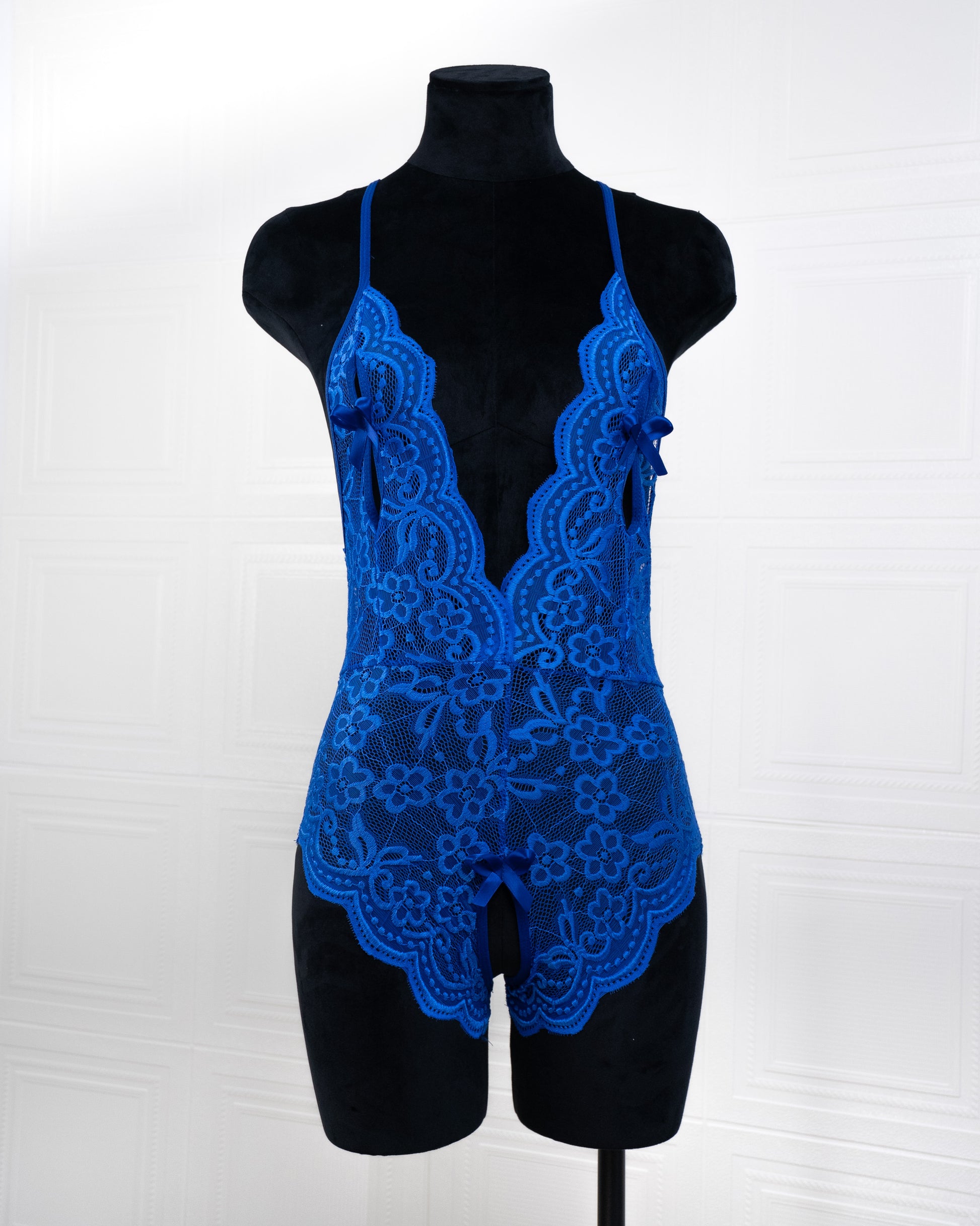 Deep V Back Hollow Open Crotch Lace Bodysuit Blue - Fever Lingeries