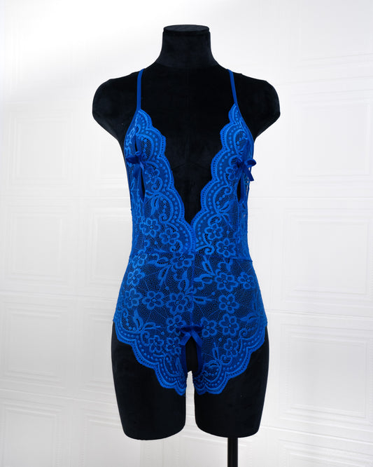 Deep V Back Hollow Open Crotch Lace Bodysuit Blue - Fever Lingeries