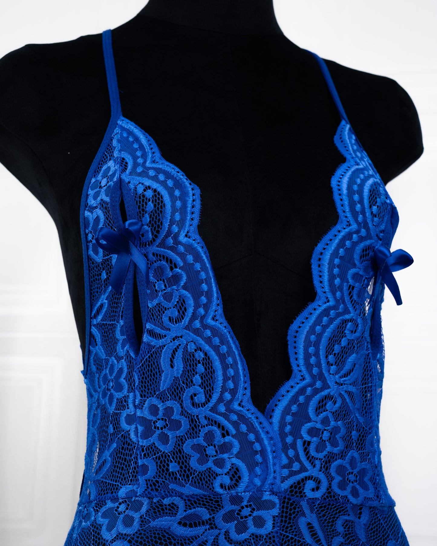 Deep V Back Hollow Open Crotch Lace Bodysuit Blue - Fever Lingeries