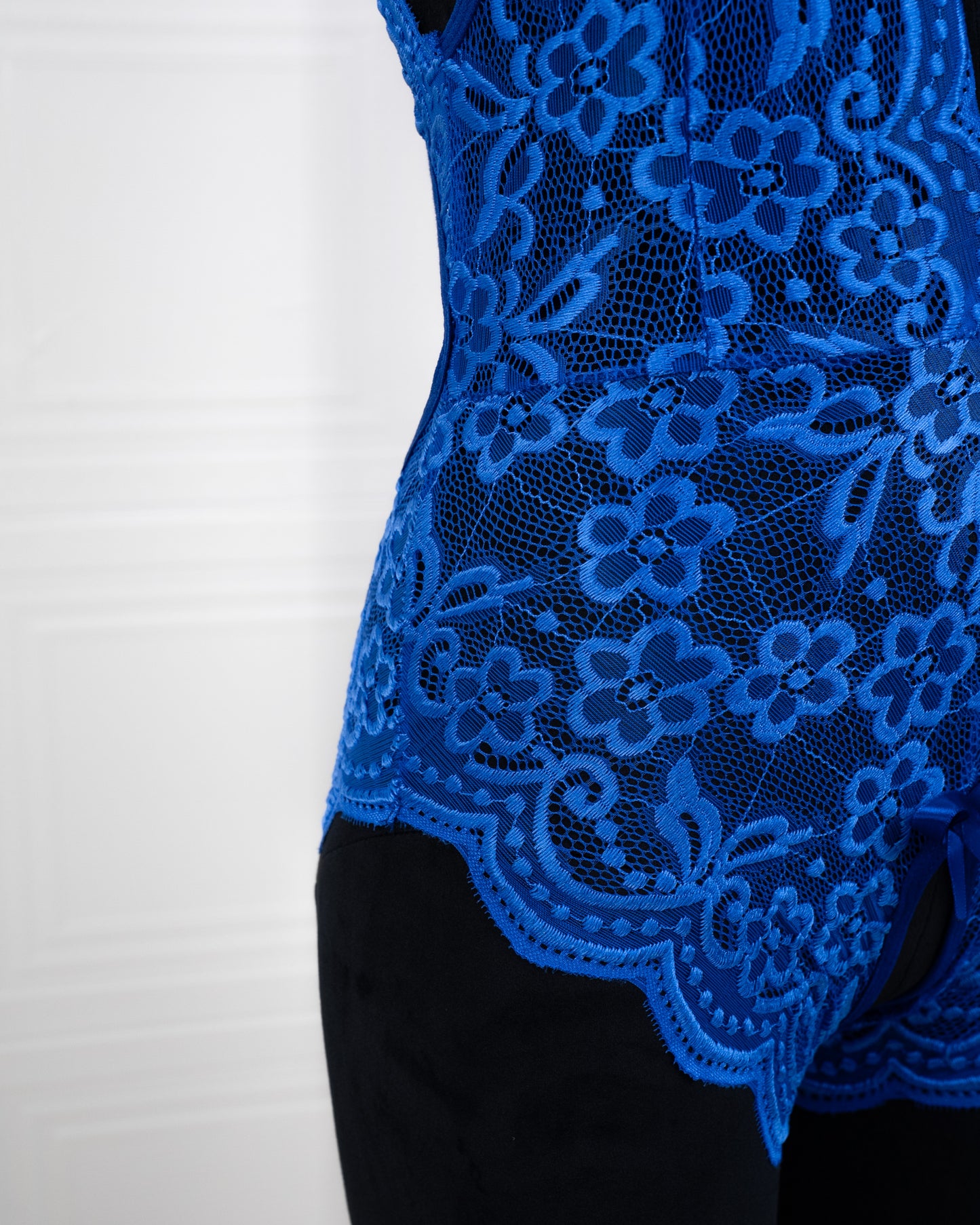 Deep V Back Hollow Open Crotch Lace Bodysuit Blue - Fever Lingeries