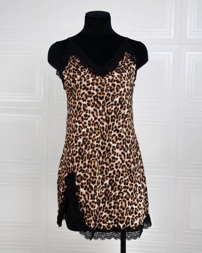 Cool Silk Slit Backless Dress Leopard - Fever Lingeries
