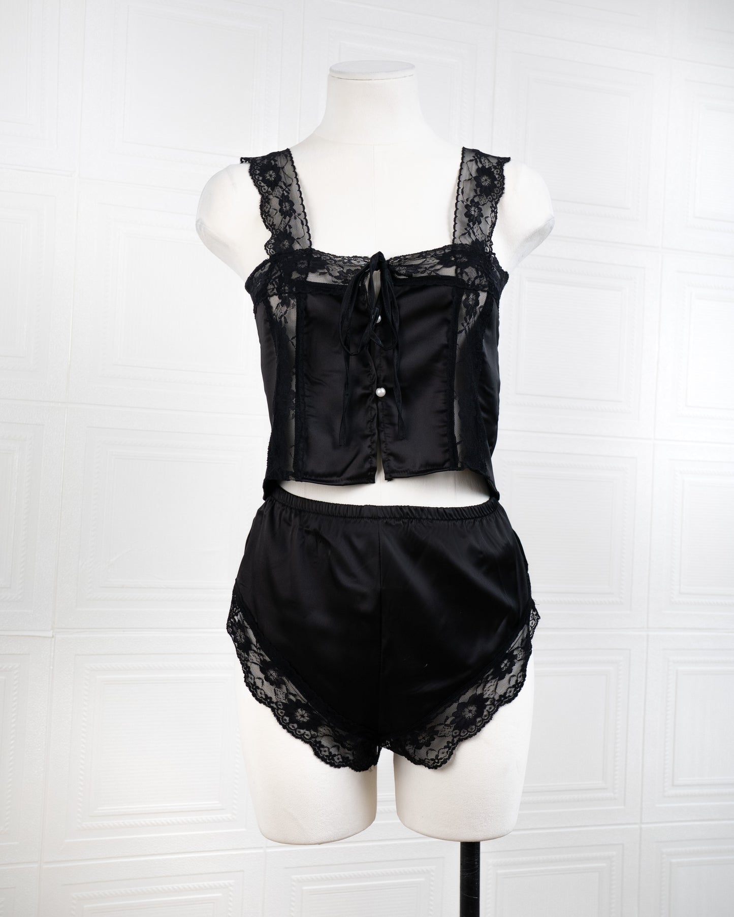 Satin&lace High Waist Cami Dress Black - Fever Lingeries