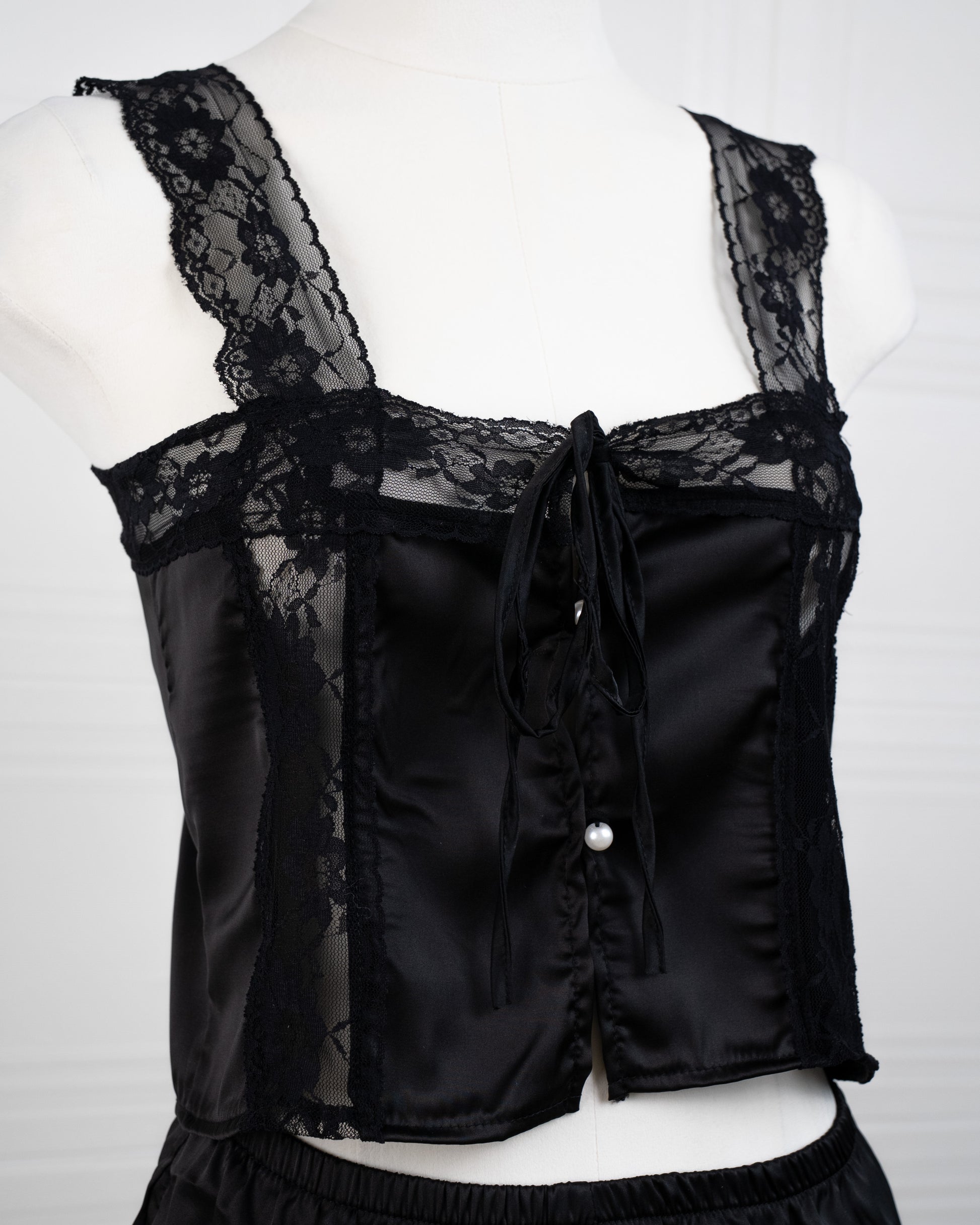 Satin&lace High Waist Cami Dress Black - Fever Lingeries