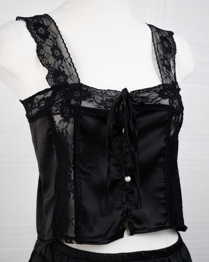 Satin&lace High Waist Cami Dress Black - Fever Lingeries