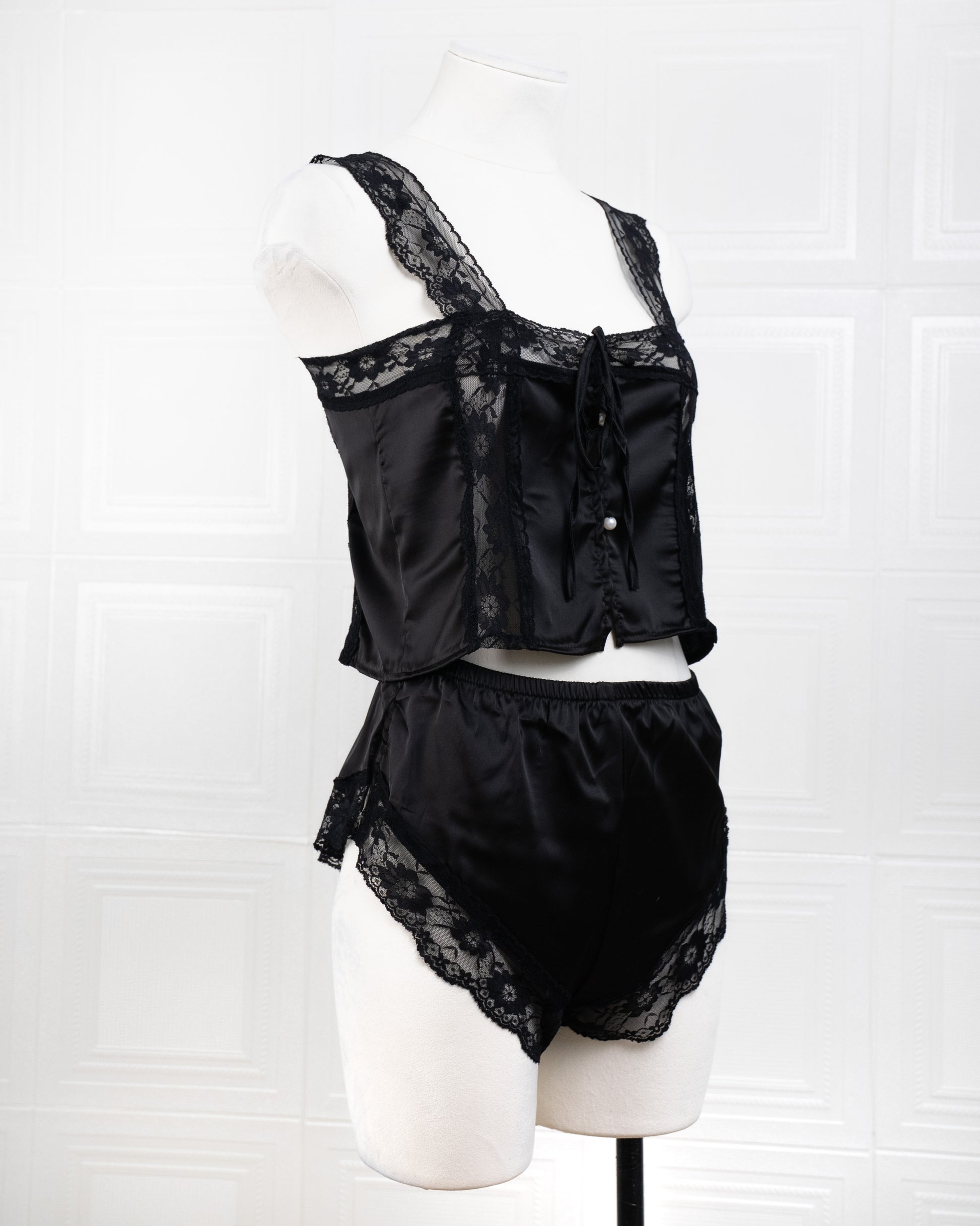 Satin&lace High Waist Cami Dress Black - Fever Lingeries