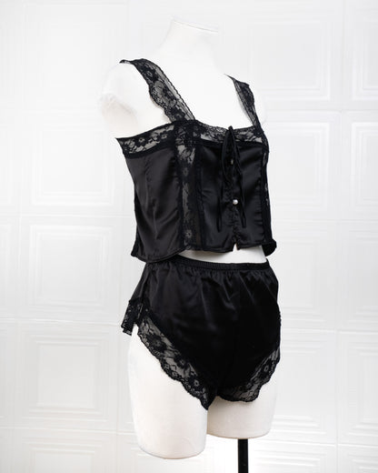 Satin&lace High Waist Cami Dress Black - Fever Lingeries