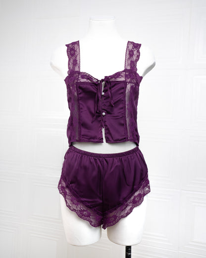 Satin&lace High Waist Cami Dress Purple - Fever Lingeries